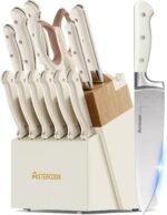 Knife Set,Astercook Kitchen Knife Set with Block 14-Piece Full Tang Stainless Steel Knives with Sharpener Dishwasher Safe and Anti-Slip Ergonomic Handle Elegant Cream White Utensils Set - Image 2