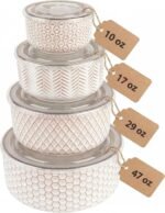 KooK Serving Bowls, with Lids, Ceramic Nesting Bowls, Set of 4, Embossed, Kitchen, Prep, Stackable, Gift, Microwave and Dishwasher Safe, 10/16/29/47 oz, Narbonne Collection (Ivory) - Image 2