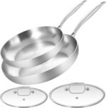 LOLYKITCH 10-12 Inch Tri-ply Stainless Steel Frying Pan Set with Lids,Skillets,Induction Cookware Set,Dishwasher and Oven Safe,Detachable Handle - Image 2