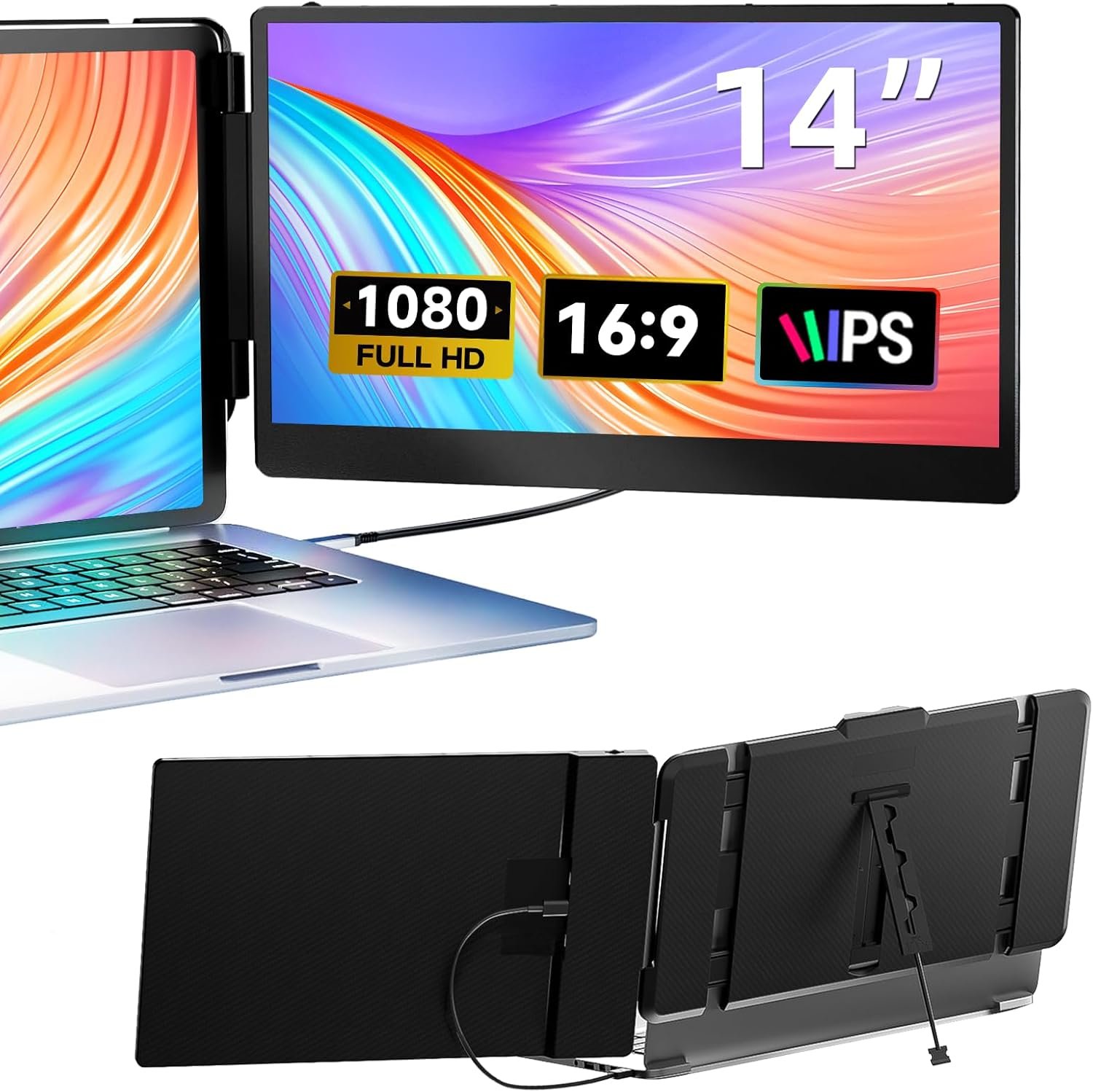 Laptop Screen Extender, 14" FHD 1080P IPS Dual Laptop Monitor Extender, Plug n Play Portable Travel Monitor for Laptops 13.3"-17" with HDMI/USB-A/Type-C, Compatible with Windows Mac Chrome Android - Image 2