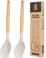Large Silicone Cooking Spoons, 2 Pack Nonstick Solid and Slotted Wooden handle Spoon Set, Heat Resistan Silicone Kitchen Spoons for Cooking, Serving, Basting, Mixing (Khaki) - Image 2