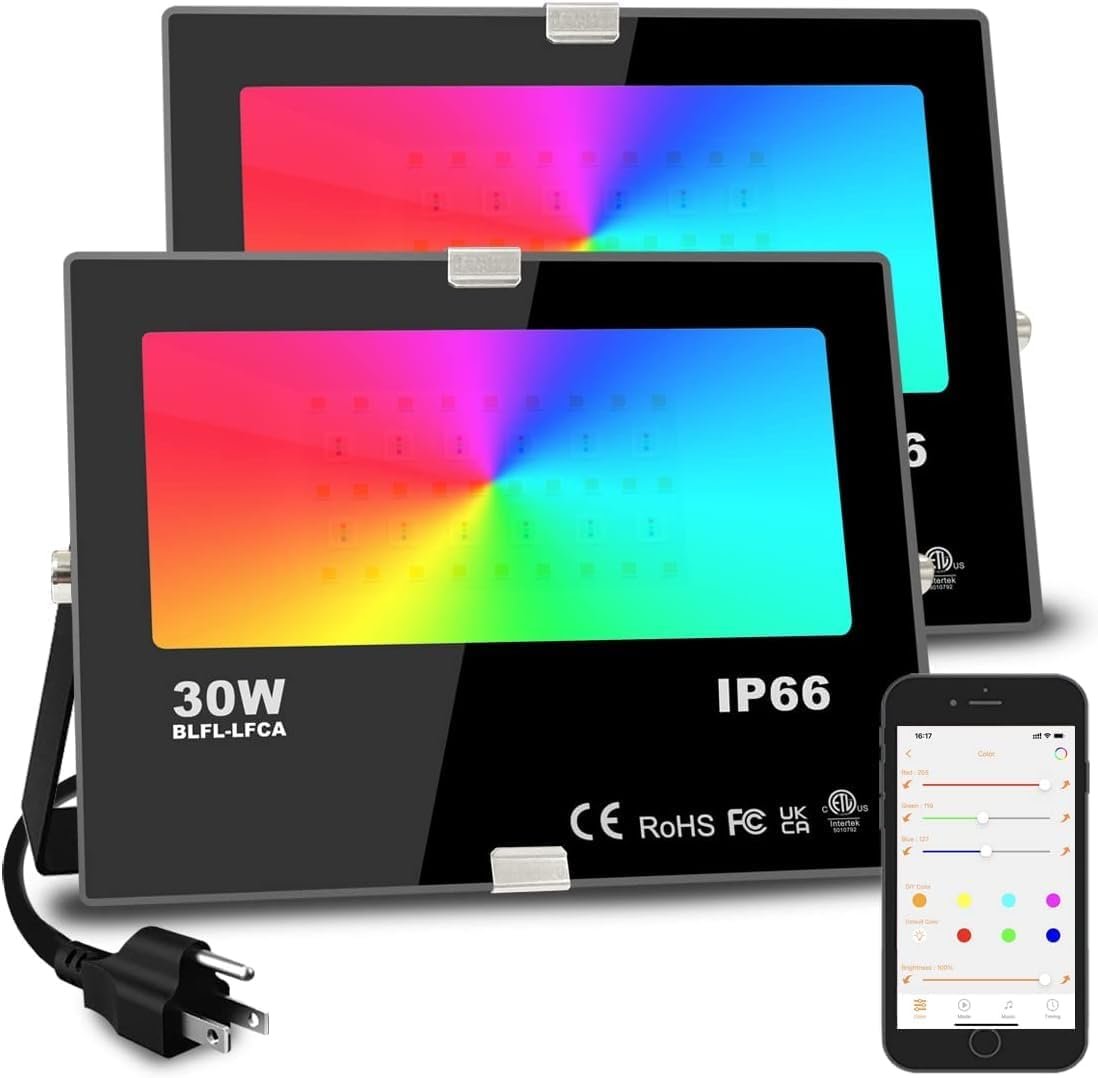 Led Flood Light 30W, 300W Equivalent 3000 LM Outdoor Color Changing Led Stage Landscape Lights, Bluetooth RGBW Smart Floodlights 2700K & 16 Million Colors&Timing& Music Sync, IP66，US 3-Plug (2 Pack) - Image 2