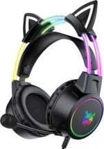 Lightweight Gaming Headset with Detachable Cat Ears, RGB Lighting, Wired Over Ear Headphones with Mic for PC, PS4, PS5, Switch, Stereo Surround Sound, Self-Adjusting Headband - Image 2