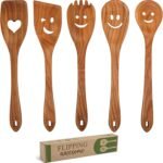 MFC 5-Piece Wooden Cooking Spoons - Kitchen Set from Natural Cherry Wood - Wooden Spoons for Cooking - Funny Utensil Set with Smiley Faces - Cooking Multipurpose Wood Utensils - Image 2