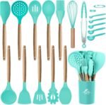 MIBOTE Silicone Cooking Kitchen Utensils Set with Holder, Wooden Handles Cooking Tool BPA Free Turner Tongs Spatula Spoon Kitchen Gadgets Set for Nonstick Cookware (Teal) - Image 2