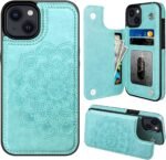 MMHUO for iPhone 14 Case with Card Holder, Flower Magnetic Back Flip Case for iPhone 14 Wallet Case for Women, Protective Case Phone Case for iPhone 14,Mint - Image 2