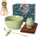 MONOJOY Matcha Whisk Set Ceramic Bowl Kit with Spout, Bamboo Chasen and Holder, Scoop Rest,Sifter Tea Towel Ceremonial Cute Matcha Tea Making Tool,Gift Perfect for Latte Lovers | Beginners,7pcs - Image 2
