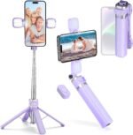 MQOUNY Mini iPhone Tripod Stand & Selfie Stick with Wireless Remote & Removable Light, Extendable Stand 360 Rotation Compatible with iPhone & Android Samsung (Purple) - Image 2