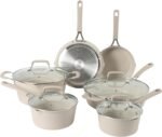 Martha Stewart Heathland Premium Nonstick PFA Free Ceramic Interior 10-Piece Tapered Aluminum Cookware Set - Taupe - Image 2
