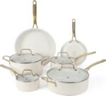 Martha Stewart Lockton Premium Non stick Non Toxic PFA Free Ceramic Interior 10 Piece Heavy Gauge Enamel Aluminum Pots and Pans Cookware Set - Linen White w/Gold Handle - Image 2