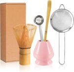 Matcha Whisk Set Matcha Making Kit Bamboo Chasen Ceramic Whisk Holder Stand Sifter Scoop Japanese Tea Tools (Solid Pink) - Image 2