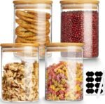 Mfacoy 4 Pack Glass Storage Jars with Airtight Bamboo Lid, 27 OZ Glass Canisters Set with Labels, Glass Food Storage Jar for Kitchen, Clear Container for Candy, Cookie, Coffee Beans, Snacks, Spices - Image 2