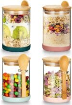 Mfacoy Set of 4 Airtight Glass Jars with Bamboo Lids & Spoons, 17 oz Borosilicate Overnight Oats Containers with Lids, Clear Food Storage Canister for Cookie, Candy, Coffee, Sugar, Matcha Tea, Flour - Image 2