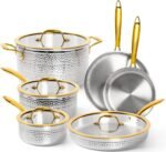 Michelangelo Triply Stainless Steel Pots and Pans Set, 10-Piece Hammered Stainless Steel Cookware Set with Golden Handle, Premium Induction Kitchen Cookware, Oven Safe - Image 2