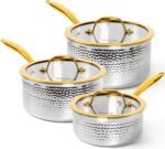 Michelangelo Triply Stainless Steel Saucepan Set, Luxury Hammered Stainless Steel Sauce Pans with Golden Handle, Premium Sauce Pot Set, Induction Compatible - Image 2