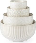 Mikiegy Ceramic Mixing Bowls Set of 4, Nesting Ceramic Embossment Stoneware Mixing Bowls for Cooking, Serving, Popcorn, Salad etc, Microwave & Dishwasher Safe, 20/44/98/145 oz, Off-White - Image 2
