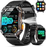 Military Smart Watch for Men, 2.01'' Fitness Tracker with 1200mAh Long Battery Life, Bluetooth Calls, Flashlight, IP68 Waterproof, Heart Rate/Sleep Tracking, 100+ Sports Modes for Android iPhone - Image 2