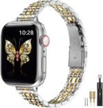 MioHHR Slim Metal Band Compatible with Apple Watch Band 42mm(Series 11 10) 41mm(Series 9 8 7) 40mm(Series 6 5 4 SE3/2/1) 38mm(Series 3 2 1),Stainless Steel iWatch Bands for Women,Silver/Gold - Image 2