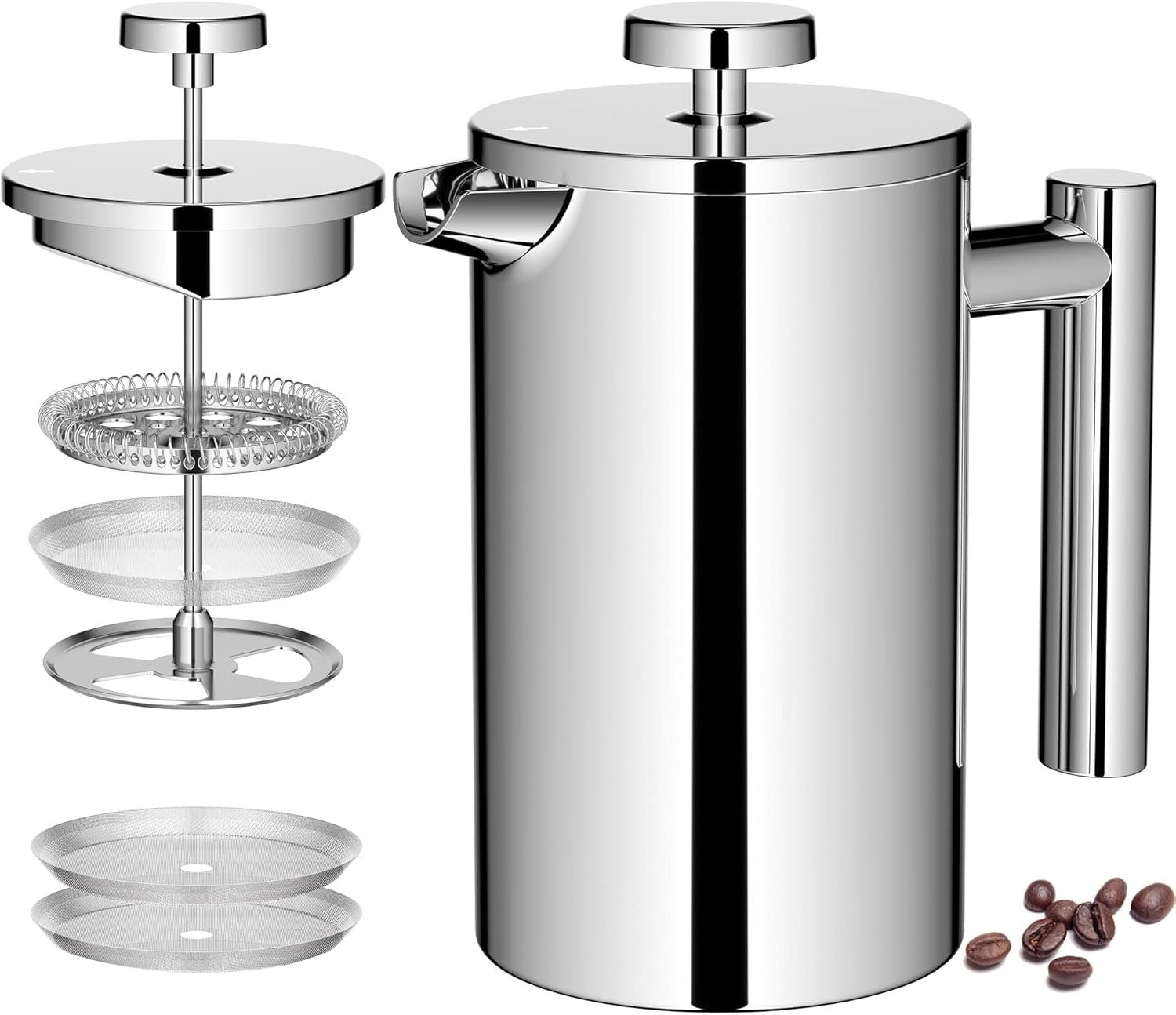 Miuly 21 oz Stainless Steel French Press 600ML Coffee Press with 3 Level Filtration System, Double Wall Insulated French Press with 2 Filters for Home or Office, Silver - Image 2