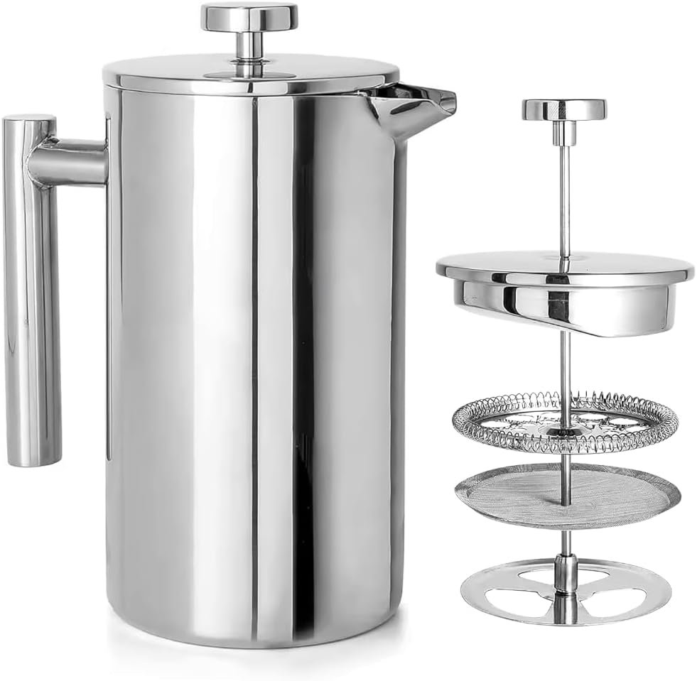 New York's Favorite Coffee French Press – 1L (34oz) Stainless Steel Brewer with Double Mesh Filter – Durable Rust-Resistant Ideal for Home Office Camping and Outdoor Use - Image 2