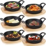 Nuogo 6 Sets Mini Cast Iron Skillet Mini Cast Iron Plates Skillet with Wooden Base Small Round Fajita Plate iron Pan Pot for Cooking Party(6.3 Inches) - Image 2