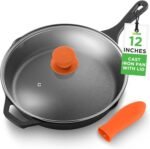 NutriChef 12-Inch Cast Iron Skillet w/Lid - Pre-Seasoned, Oven Safe, Nonstick, Cool-Touch Silicone Handle, For All Cooktops - NCCI12 - Image 2