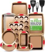 NutriChef 15-Piece Nonstick Bakeware Set w/ Baking Utensils – Premium Oven Safe Baking Pans with Silicone Handles, Easy Clean, Dishwasher Safe Tray Set for Cakes, Muffins, Bread, Cookies & Roasting - Image 2