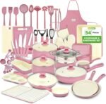 NutriChef 54-Piece Kitchen Cookware Set – Complete Non-Stick Ceramic Pots and Pans Set with Utensils, Bakeware, and Knife Set, Gas, Electric & Induction Compatible, Blush Pink Kitchen Essentials - Image 2
