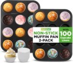 NutriChef Muffin Pans for Baking 2-Pack | Nonstick 12 Mold Cupcake Tins | Carbon Steel Stackable Cup Cake Trays | Dishwasher & Oven Safe | Includes 100 Parchment Paper Liners | 13 x 10 x 1 | Black - Image 2