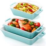 Okllen Set of 3 Casserole Dishes for Oven, Ceramic Baking Dishes with Handles, Rectangular Lasagna Pan Bakeware Set for Baking Cooking, Roasting, Broiling, Gratin, Wedding & Housewarming Gift, Blue - Image 2