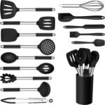 Onader Kitchen Utensils Set, 15 Pcs Silicone Cooking Utensils Set with Holder and Heat Resistant Stainless Steel Handle for Nonstick Cookware - Black - Image 2