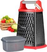 Ourokhome Cheese Grater with Handle, Stainless Steel Box Grater, 4 Side Kitchen Vegetable Shredder Slicer Zester with Container for Parmesan, Cabbage, Ginger, Lemon, Chocolate, Coconut (Red and Black) - Image 2