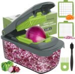 Ourokhome Vegetable Chopper Cutter with Container, Manual Hand Food Veggie Dicer with 2 Chopping Blades for Potato Strips, Onion Cubers, Carrot Sticks, Essential Kitchen Gadgets (2 in 1, Gray) - Image 2