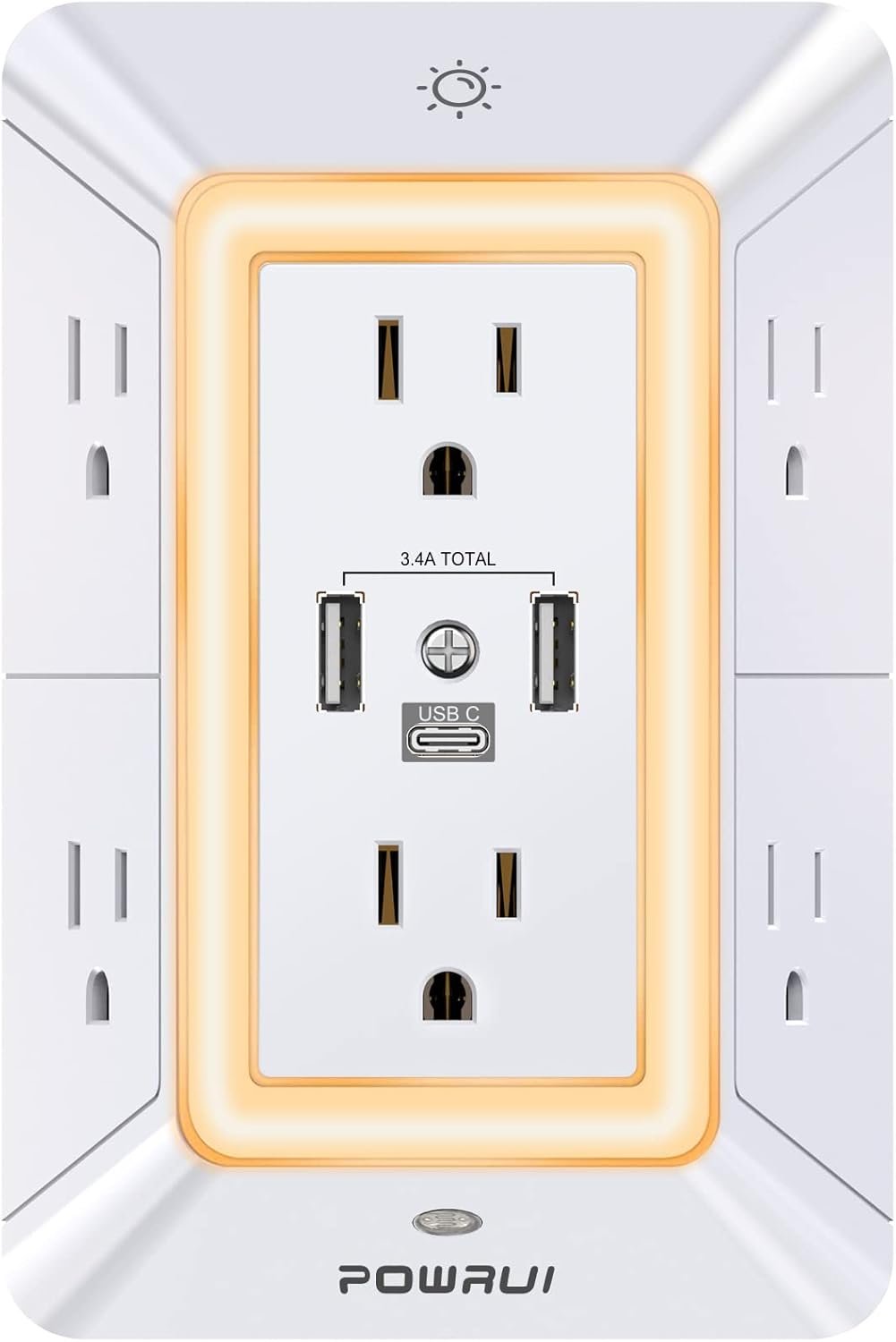 POWRUI Multi Plug 6 Outlet Surge Protector Extender with 3 USB Ports (1 USB C) and Night Light, 3-Sided Power Strip with Adapter Spaced Outlets, ETL Listed, White - Image 2