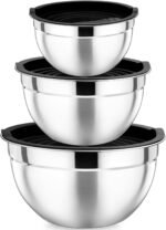 P&P CHEF Black Mixing Bowls with Lids, Set of 3, Stainless Steel Salad Nesting Bowl for Mixing, Storing, Prepping, Airtight & Stackable, Size 4.6/3 /1.5 QT - Image 2