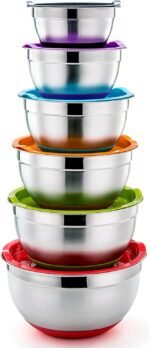 P&P CHEF Mixing Bowls With Lids, Set of 6, Stainless Steel Nesting Mixing Bowls & Fitting Lids & Non-Slip Silicone Bottom, Ideal for Mixing, Storing, Size 0.7/1/1.5/2.5/3/4.6 Qt, Multicolor - Image 2