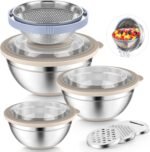 P&P CHEF Mixing Bowls with Lids Set of 3, Stainless Steel Mixing Bowl and Colander for Kitchen, 3 Grater Attachments & Non-Slip Bottoms, Visible & Airtight Lid, Khaki - Image 2