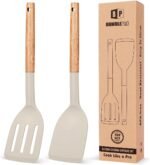 Pack of 2 Silicone Cooking Spatula, Heat Resistant Solid Turner, Non Stick Slotted Spatulas with Wooden Short Handle,Ideal Wood Kitchen Utensils Set for Frying, Baking, Flipping, Turning - Image 2