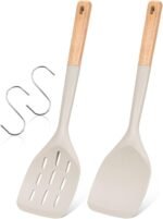 Pack of 2 Silicone Spatula, Non Stick Cooking Utensil Set Wooden Handle Kitchen Turner for Baking Mixing Grilling Serving Food Heat Resistant Non Scratch Hooks Included (Khaki) - Image 2
