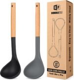 Pack of 2 Soup Ladle, Silicone Ladle Spoon with Wooden Handle, Large Non Stick High Heat Resistant Kitchen Utensils for Cooking, Stirring, Serving Soups(BLACK-GRAY) - Image 2