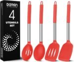 Pack of 4 Large Silicone Cooking Spatulas and Spoons, Slotted and Solid Stainless Steel Cooking Utensils Set, Non-stick Heat Resistant Kitchen for Baking, Fried, Stir-Fry, Mixing, Serving (Red) - Image 2