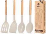 Pack of 4 Silicone Cooking Utensils Set, Non Stick Solid Spatulas and Heat Resistant Slotted Spoons with Wooden Handle, Ideal Wood Kitchen Utensils Set for Frying,Serving,Turning,Stirring (KHAKI) - Image 2