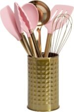 Paris Hilton Kitchen Set Tool Crock with Silicone Cooking Utensils, Stainless Steel Whisk and Ladle, 7-Piece, Pink and Gold - Image 2