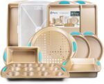 Perlli Baking Kit: Nonstick Gold Steel Oven Set - 10 Pieces, Cookie Sheets, Cake Pans, 9x13Pan with Lid, Loaf & Deep Pans, Pizza Crisper, Muffin Pan - Silicone Handles - Image 2