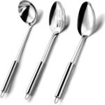 Pleafind Serving Utensils Set for Parties,3-Piece Silver Stainless Steel utensils set,Includes 1 Serving Spoon, 1 Slotted Spoon and 1 Soup Ladle,Serving Spoons for Buffet - Image 2
