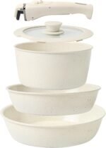 Pots and Pans Set Non Stick, Ceramic Cookware Set Nonstick Frying Pans 5 Pcs-Non Toxic PFAS/PFOA/PTFE Free, with Detachable Handle for RV Kitchen, Induction & Dishwasher Safe Cream White - Image 2