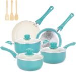 Pots and Pans Set Nonstick, 11pcs Kitchen Cookware Sets Induction Cookware, Ceramic Non Stick Cooking Set, Stay Cool Handle & Bamboo Kitchen Utensils, 100% PFOA Free, Turquoise - Image 2