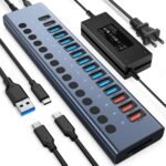 Powered USB Hub 10Gbps, 17 Ports 96W USB 3.2 Hub(10 USB-A 3.2 Ports+3 QC 24W Fast Charging Ports+2 USB-C 3.2 Ports+SD/TF Card Reader), 12V/8A Power Adapter for Laptop, PC, Computer, HDD,Flash Drive - Image 2
