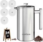 Premium Stainless Steel French Press Coffee Maker (5 Pack Filter)- 34oz/1L Thermal Insulated, 304 Rust-Proof Metal Press - Heat-Resistant Ergonomic Handle BPA Free(Dishwasher Safe) - Image 2