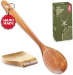 Premium Teak Wooden Spoon for Cooking with Large Spoon Rest - 12" Long Handle, Essential Wood Utensil Set for Kitchen & Perfect for Gifts - Image 2